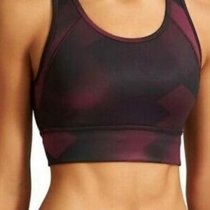 ATHLETA GEOMETRIC PRINT SPORTS BRA . BURGUNDY/BLACK. SIZE: MEDIUM